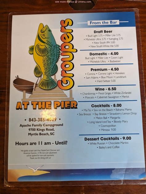 Menu at Groupers At The Pier restaurant, Myrtle Beach