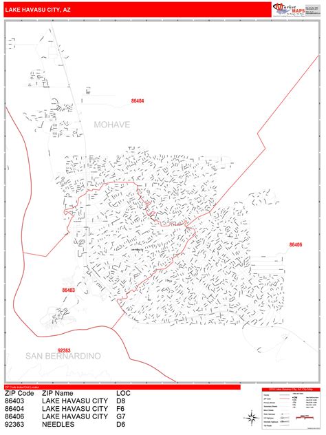 Lake Havasu City Arizona Zip Code Wall Map (Red Line Style) by MarketMAPS