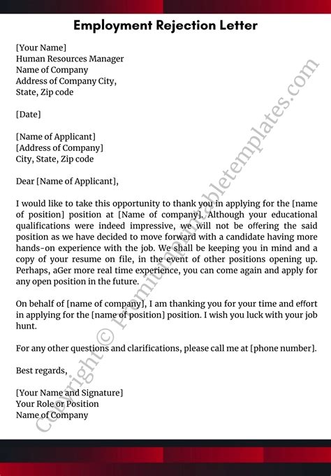 Employment Rejection Letter Sample with Examples
