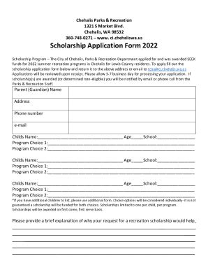 Fillable Online Scholarship Application Form 2022 - City of Chehalis ...