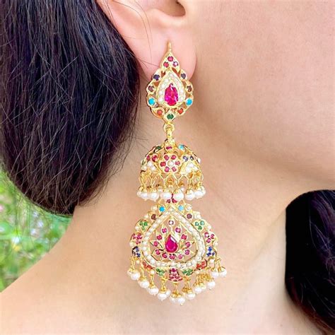Long Navratna Jadau Jhumka Earrings | Gold Plated Silver