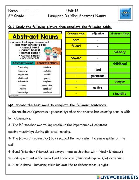 Image result for Abstract Noun Exercise
