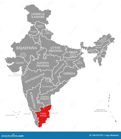 Tamil Nadu Red Highlighted in Map of India Stock Illustration ...
