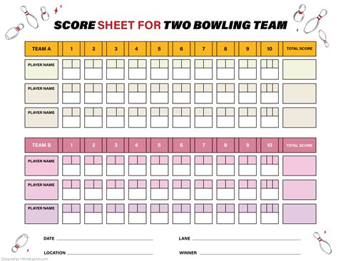 Two Teams Bowling Score Sheet Template - WordLayouts
