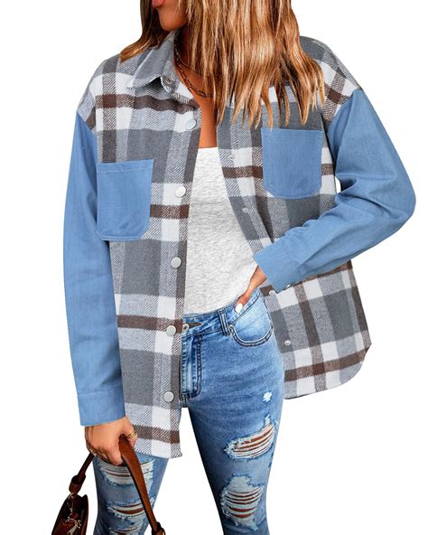 luvamia Womens Shacket Plaid Flannel Shirt Jean Jacket Denim Button ...