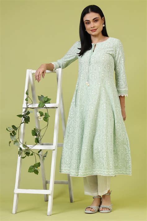 Mint Green Floral Printed Pure Cotton Anarkali Kurta – wforwoman