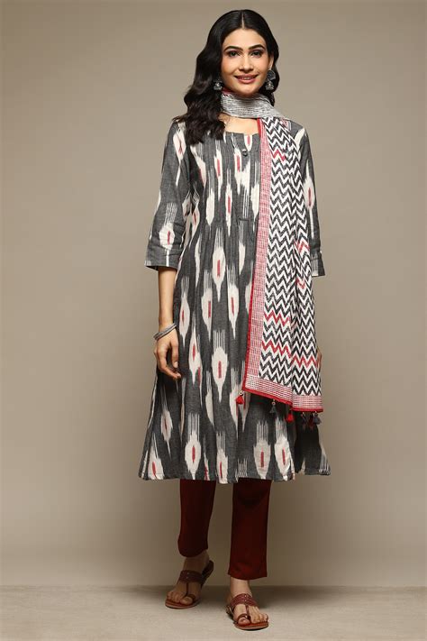 Grey Cotton Blend Straight Yarndyed Suit Set at Biba India