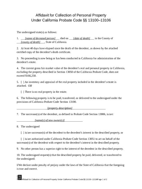 Affidavit for Collection of Personal Property - Blank Fillable Template ...