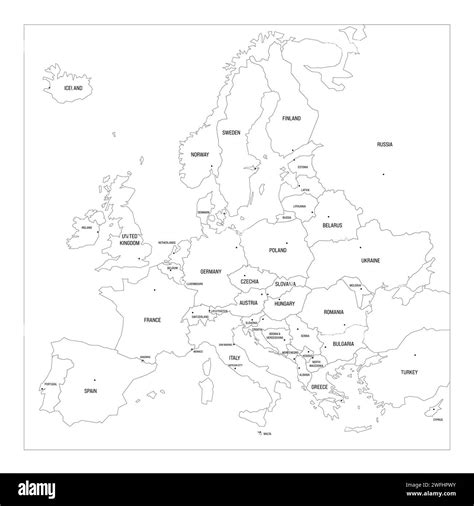 Political map of Europe. Blue colored vector map with capital cities of ...