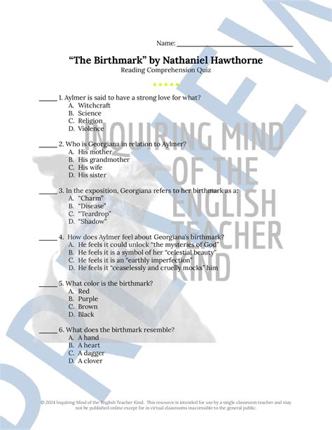 "The Birthmark" by Nathaniel Hawthorne Quiz and Answer Key | Teaching ...