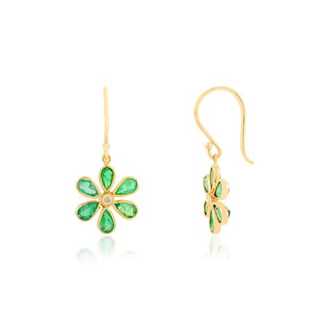 Floral Design Emerald & Diamond Drop Earrings in 18k Solid Yellow Gold ...
