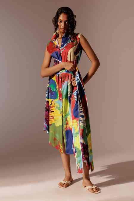 Buy Multi Color Collared Calypso Abstract Print Asymmetric Dress For ...