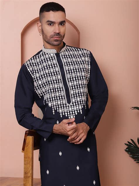 Navy Blue Embroidered With Mirror Work Silk Kurta With Pyjama Set ...