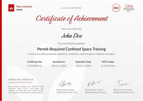 Structured professional confined space training certificate template