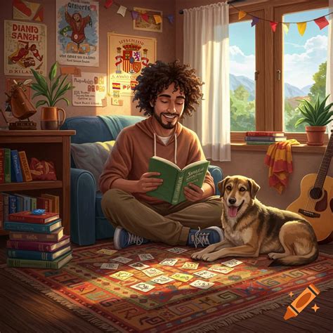 Man studying Spanish with his dog on Craiyon