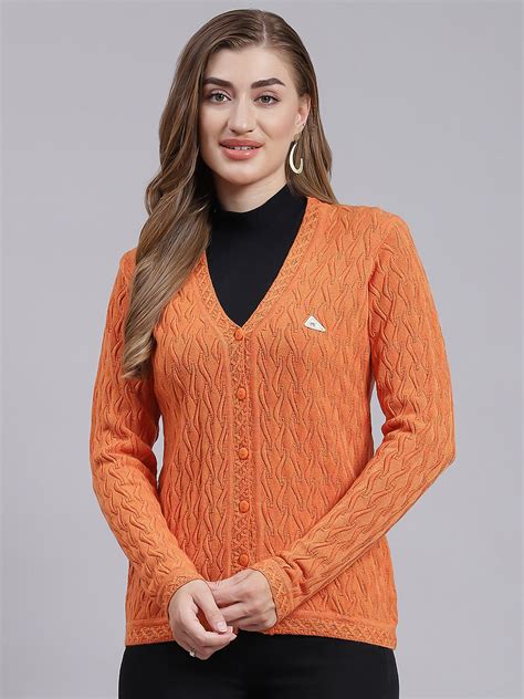 Buy Women Orange Self Design Wool blend Cardigan Online in India ...