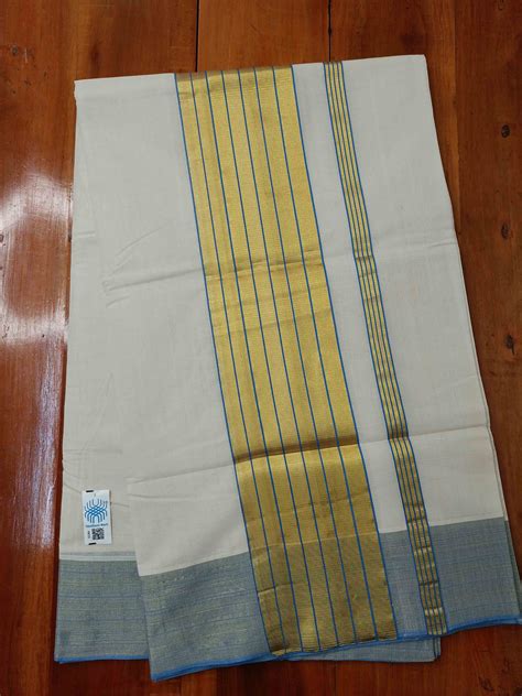 Kerala Saree Balaramapuram Handloom with Blue & Gold Colour – Keraloom