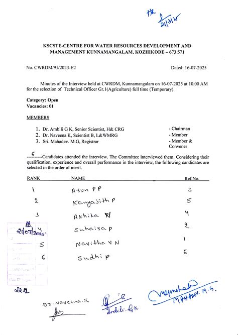 Rank list of the interview held at CWRDM on 16.07.2025 for the ...