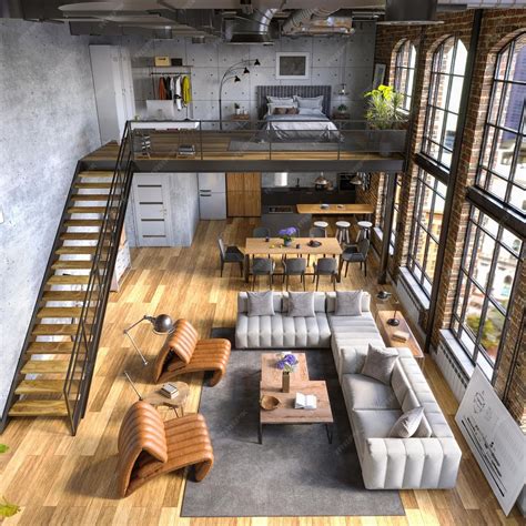 Premium Photo | Industrial Style Loft Apartment with arch windows and ...