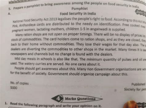 Prepare a pamphlet to bring awareness among the people on food security ...