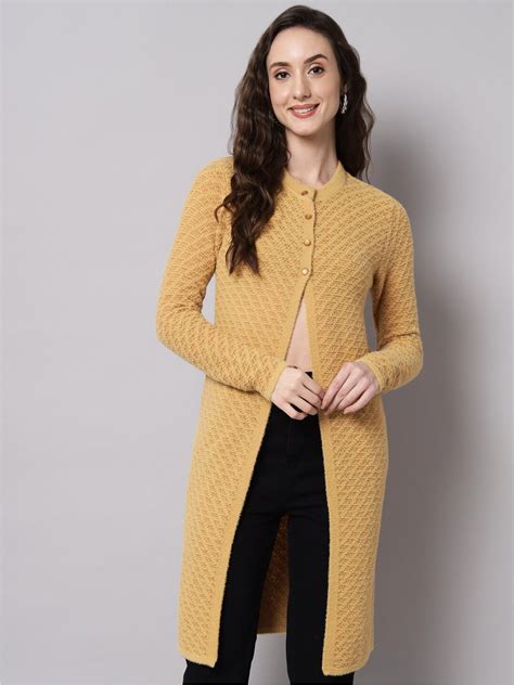 Buy BROOWL Women Yellow Longline Wool Cardigan Sweater - Sweaters for ...