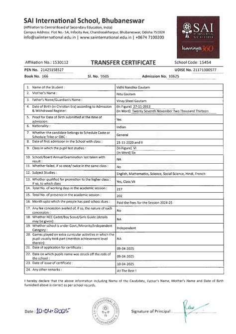 Transfer Certificate - Best CBSE School in Bhubaneswar, Odisha, SAI ...
