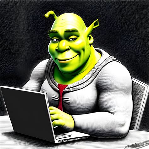 Shrek from "Shrek" movie works at support looking into laptop answer phone call, Pencil Sketch ...