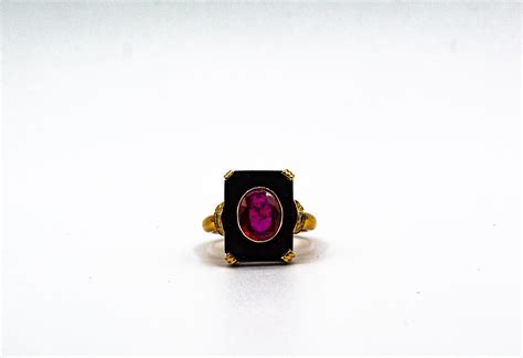 Art Deco Style White Diamond Oval Cut Ruby Onyx Yellow Gold Cocktail Ring For Sale at 1stDibs ...