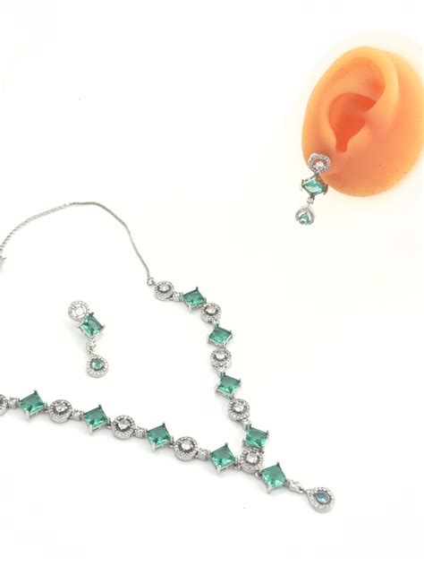 Sea green American Diamond Necklace set – Astikya