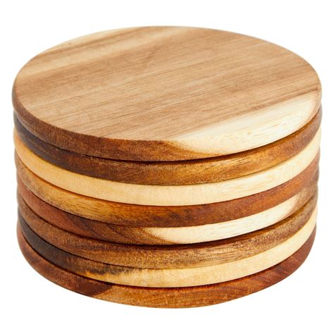 8 Pack Acacia Wood Beverage Coasters - Round Wooden Coasters for Coffee ...
