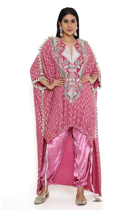 Buy Pink Georgette Embroidered Thread Round V Asymmetric Kaftan And ...