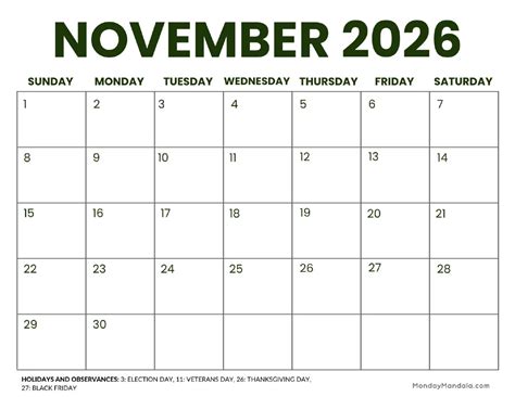 Nov 2026 Calendar Printable Free - Free Printable Templates