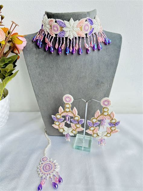 Lavender-Peach Floral Flower Jewellery Set for Haldi-Mehndi Baby Shower