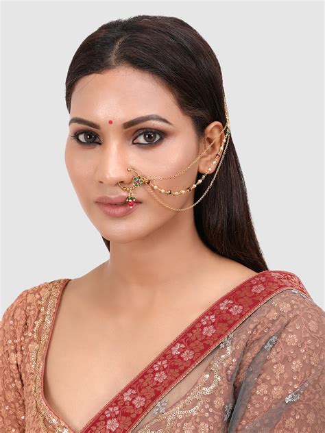 Gold-Plated Red & Green Pearl Studded Chained Nose Ring – shopnccollection