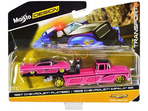 1957 Chevrolet Flatbed Truck and 1959 Chevrolet Impala SS Hot Pink with Black Top and Graphics ...