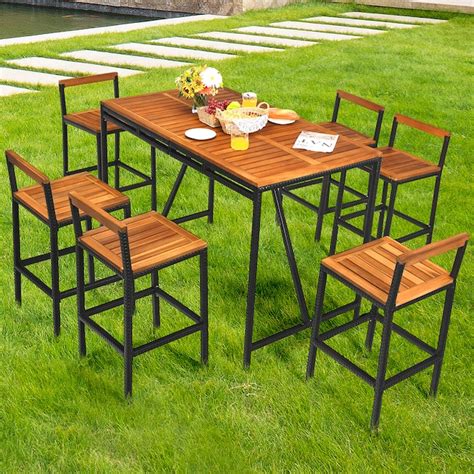 Costway 7-Piece Tan Acacia Patio Dining Set with 6 Armless Bar Stools ...