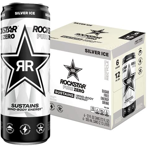 Rockstar Pure Zero Energy Drink Silver Ice 12 fl oz, 6 Count Cans ...