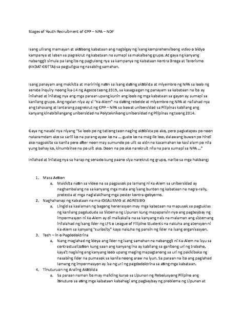 Stages of Youth Recruitment of CPP - At gaya ng kanyang nabanggit simula pa lang ito ng ...