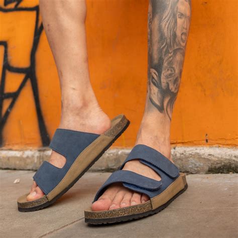 Navy blue dual strap suede finish slip on sandals – Coral Haze