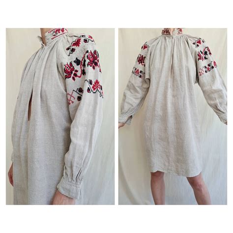 Antique Hand Loomed Linen Flax Ukrainien Folklore Embroidered Dress S ...
