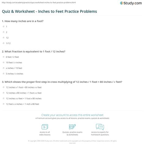 Quiz & Worksheet - Inches to Feet Practice Problems | Study.com