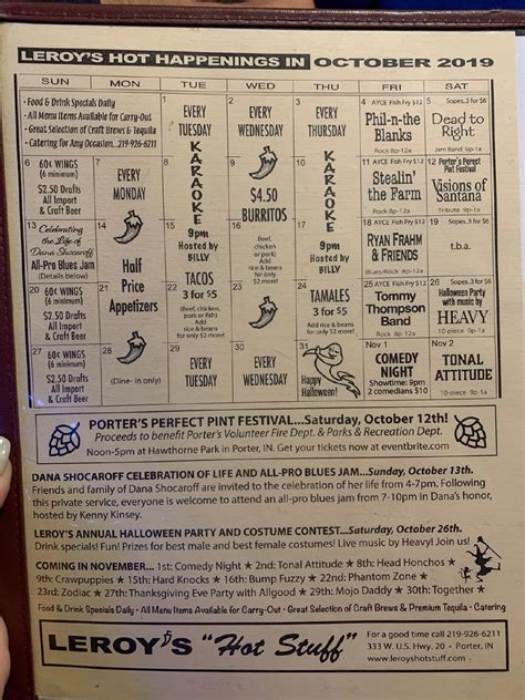 Menu at Leroy's "Hot Stuff" pub & bar, Porter