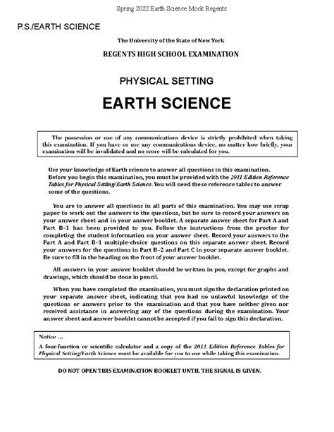 Spring 2022 Mock Regents Exam (Final Version) - Spring 2022 Earth ...