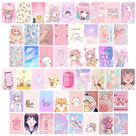Buy L1rabe 50Pcs Kawai Anime Aesthetic Picture Wall Collage Kit Pink ...