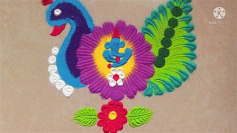 Ganesh peacock rangoli || easy freehand rangoli || गणपती उस्तव रांगोळी ...