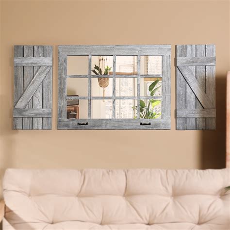 Farmhouse Large Window Mirror with Shutters, Rustic Grey Distressed Wood Pane Wall Decor ...