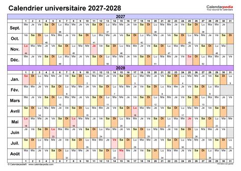 Calendrier universitaire 2027-2028 PDF, Excel et Word