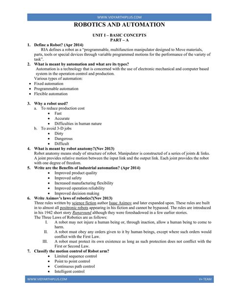 Roboticsqb - AAAA - ROBOTICS AND AUTOMATION UNIT I BASIC CONCEPTS PART ...