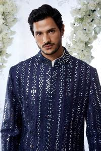 Buy Blue Raw Silk Mirror Work Sherwani Set For Men by Seema Gujral ...