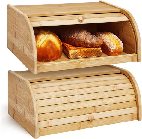 Amazon.com: Tatuo 2 Pcs Bamboo Bread Box Roll Top Large Bread Box ...